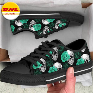 Green Floral Skulls Women's Low Tops